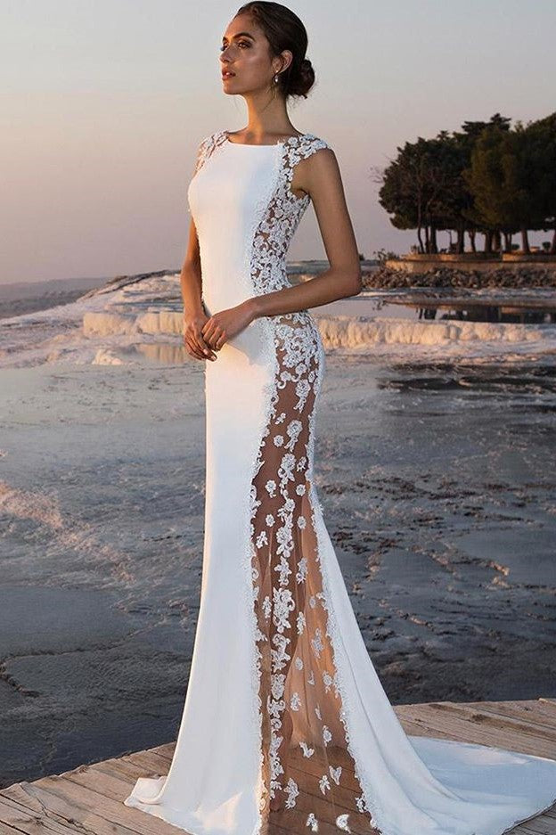 Sheath Round Collar Floor-Length Chiffon Crochet Flower Evening Dress