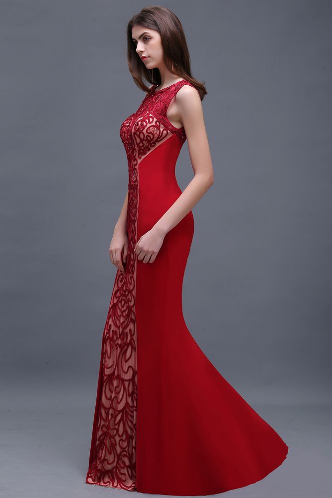 Sheath Round Neck Applique Floor-Length Burgundy Prom Dressses - View 2 | VelvetHem