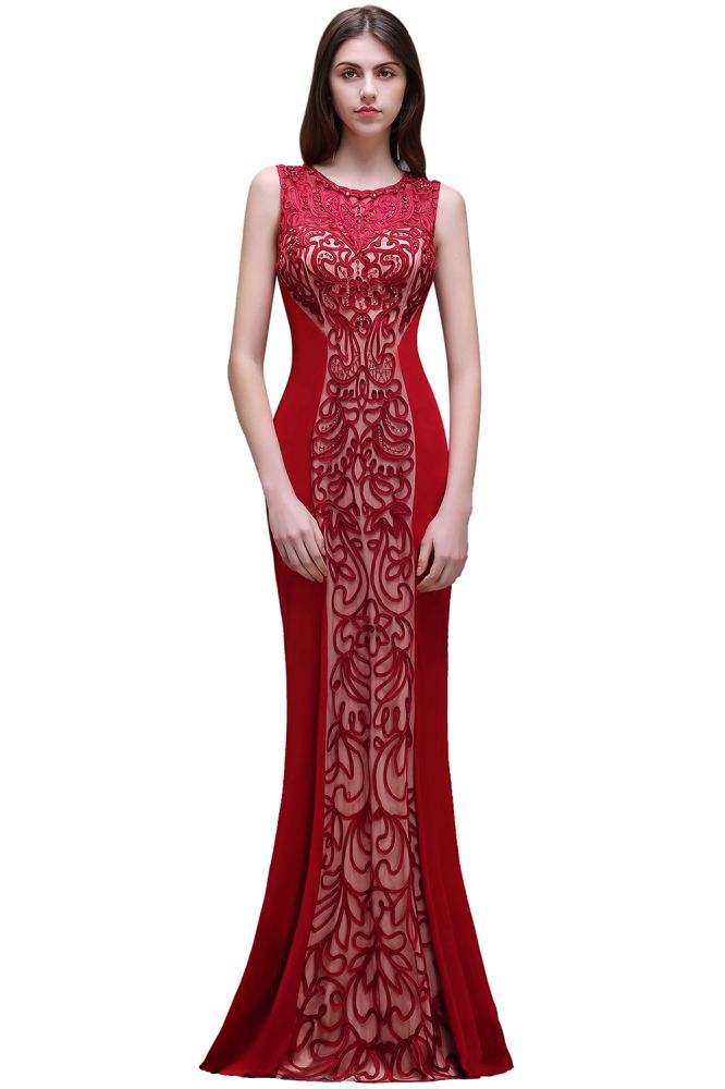 Sheath Round Neck Applique Floor-Length Burgundy Prom Dressses - View 5 | VelvetHem