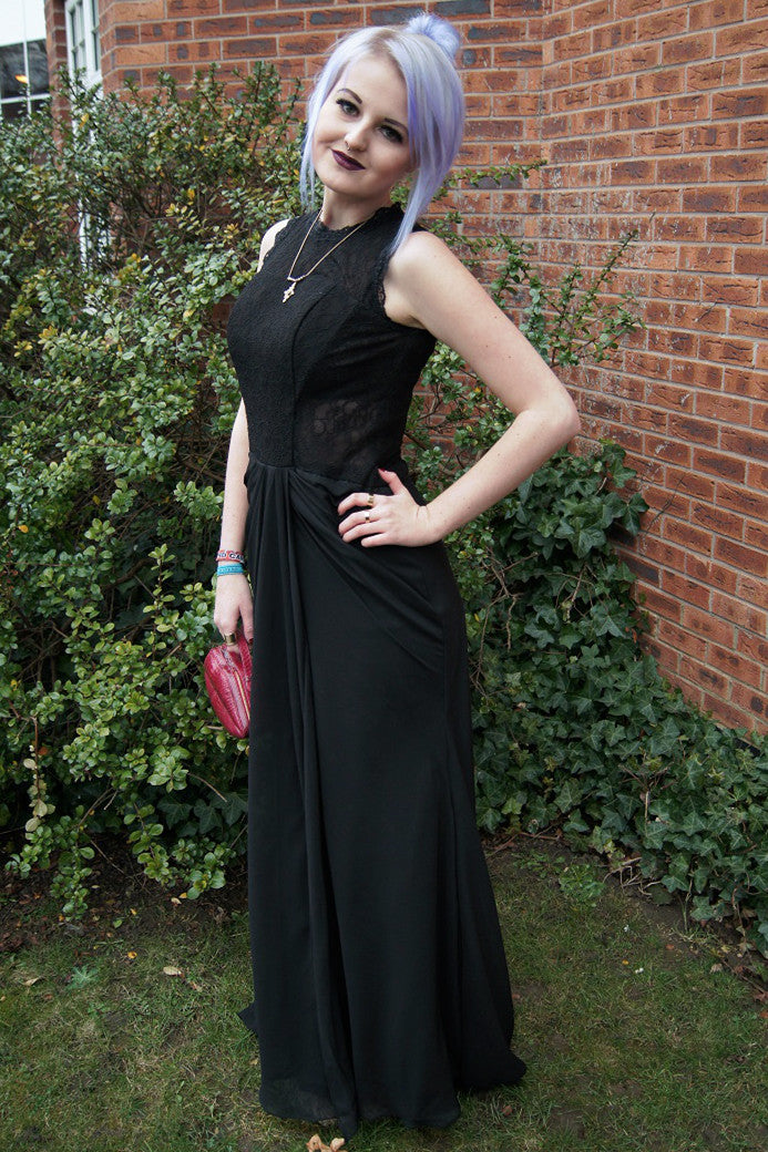 Sheath Small Round Collar Floor-Length Chiffon Lace Evening Dress
