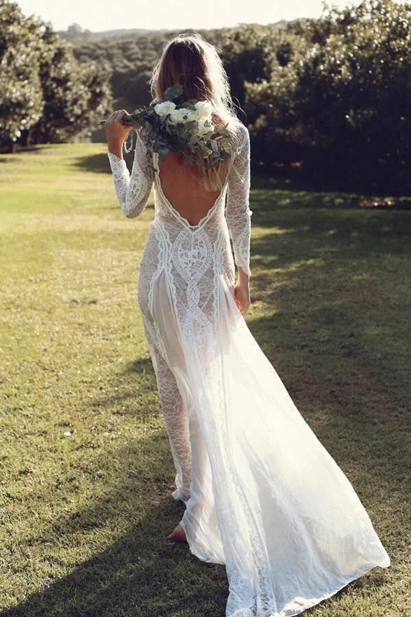 Sheath/Column  Lace Wedding Dress With Long Sleeve Open Back Bridal Gown (ZD16339)