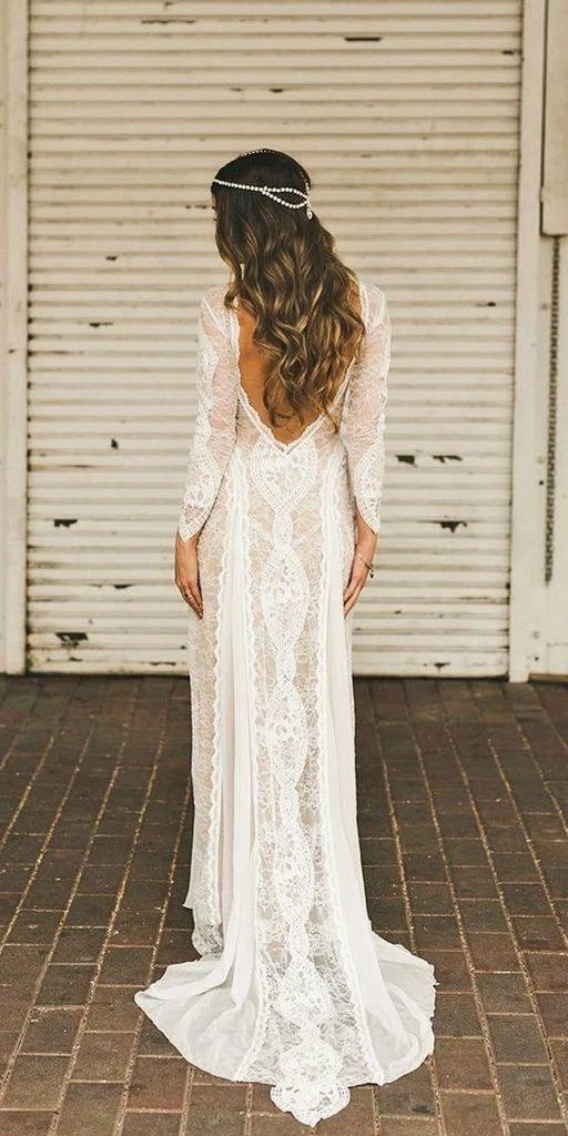 Sheath/Column  Lace Wedding Dress With Long Sleeve Open Back Bridal Gown (ZD16339)