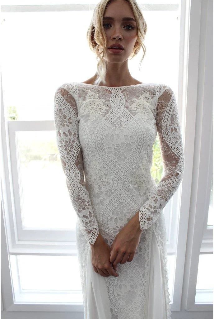 Sheath/Column Lace Wedding Dress With Long Sleeve Open Back Bridal Gown WD487 by pgmdress