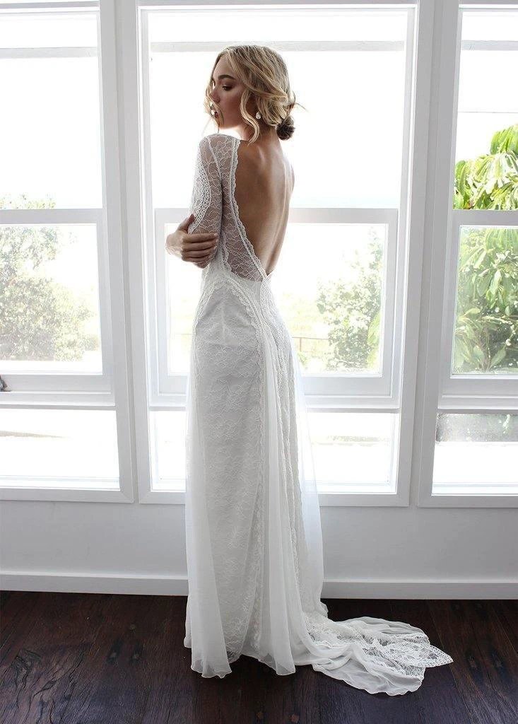Sheath/Column  Lace Wedding Dress With Long Sleeve Open Back Bridal Gown (ZD16339)