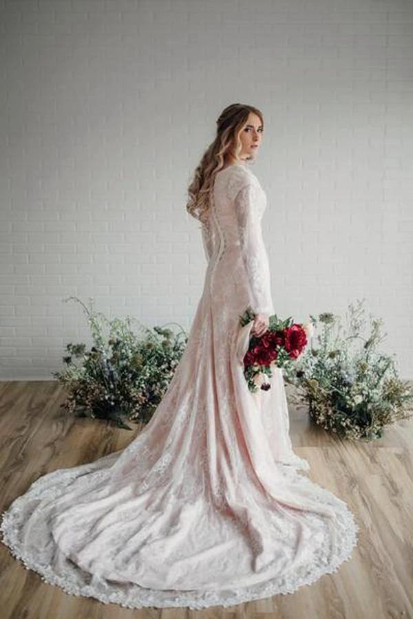 Sheer Long Sleeves Lace Modest Bride Dress Wedding Gown (ZD16262)
