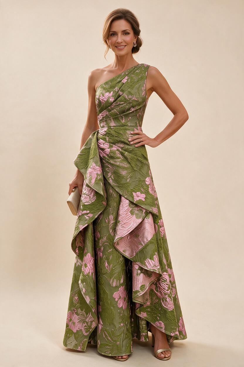 Floral Print One Shoulder A-Line Evening Gown with Ruffles | ZapDress