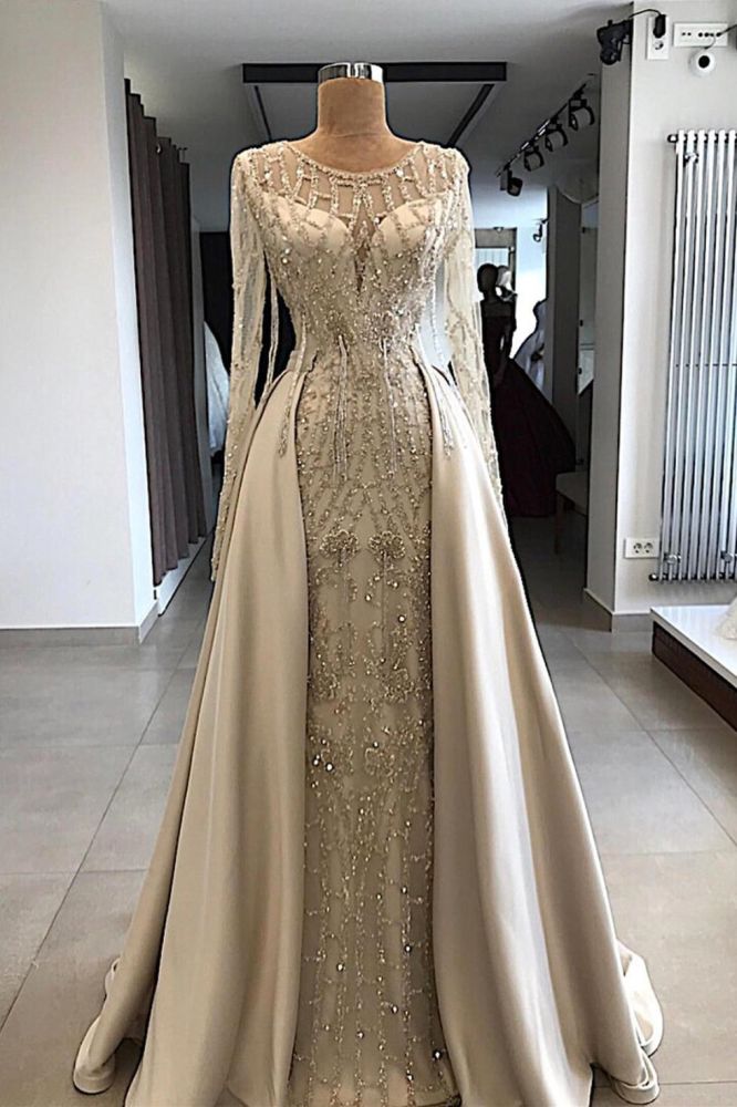 Shining Beaded Long Sleevess Round Neck Prom Dresses With Over Skirt A-Line Evening Gowns