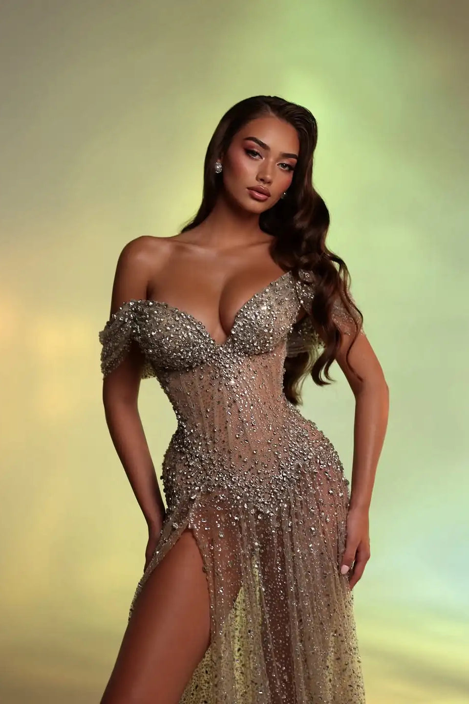 Shining Sweetheart Off-The-Shoulder V-Neck A-Line Prom Dress High Split Gem