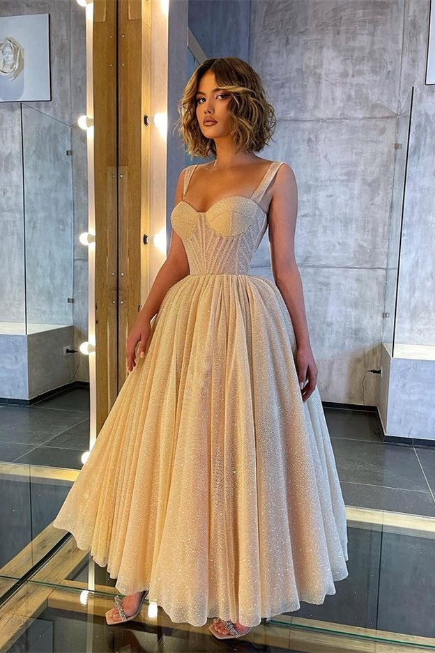Shinning Straps Sweetheart Prom Dress Sequins Midi Length Sleeveless