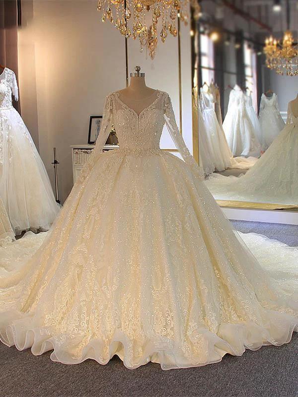 Shinny Long A-line Full Beading Lace-Up Wedding Dresses with Sleeves (ZD14393)