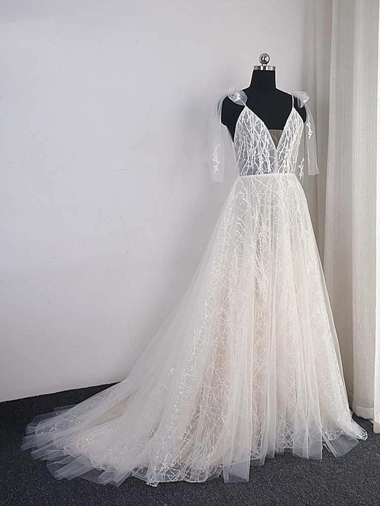 Shinny Long A-Line V-Neck Backless Sequins Wedding Dresses (ZD15891)