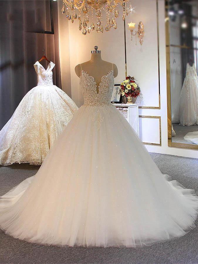 Shiny Long Ball Gown Sweetheart Spaghetti Strap Lace Tulle Wedding Dresses (ZD15878)