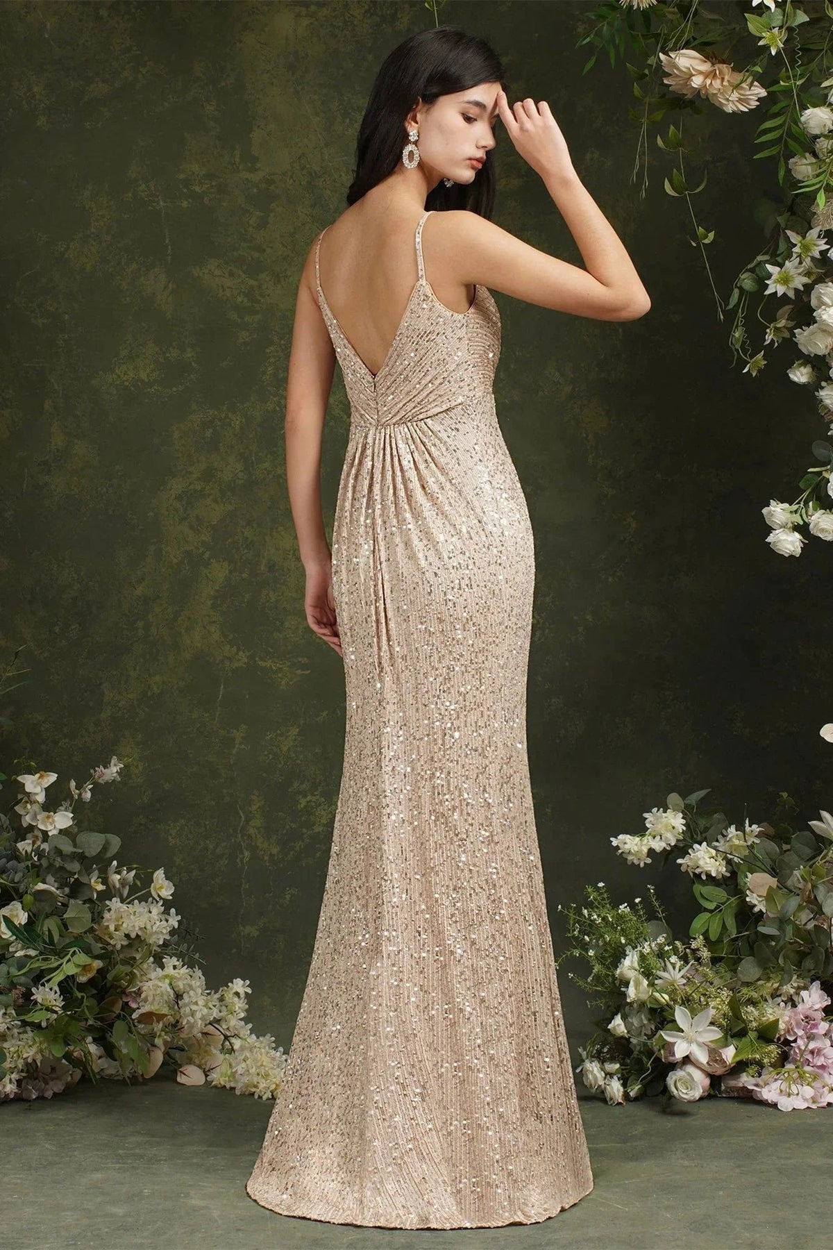 Shiny Sequins Spaghetti Straps V-neck Floor-length Mermaid Bridesmaid/Prom Dress (ZD13148)
