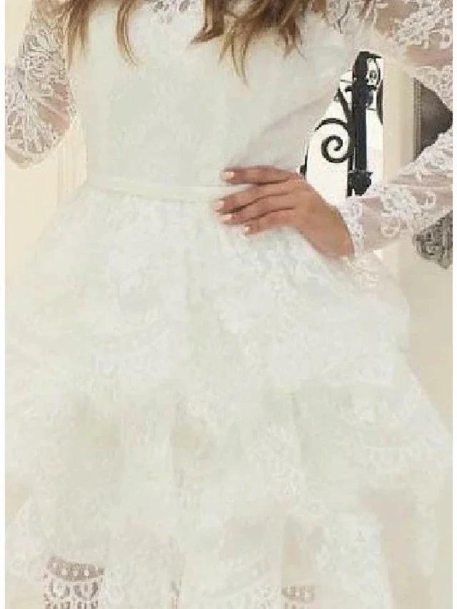 Short A-line Lace Tulle Jewel Neck Wedding Dresses with Sleeves (ZD15955)