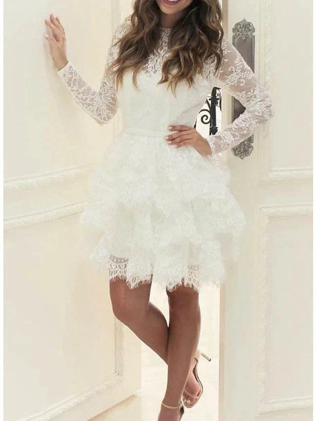 Short A-line Lace Tulle Jewel Neck Wedding Dresses with Sleeves (ZD15955)