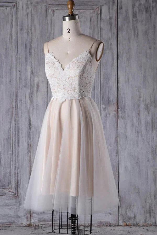 Short A-line Spaghetti Strap Lace Tulle Wedding Dress (ZD14375)