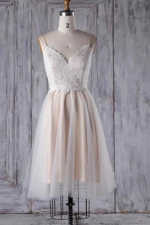 Short A-line Spaghetti Strap Lace Tulle Wedding Dress (ZD14375)