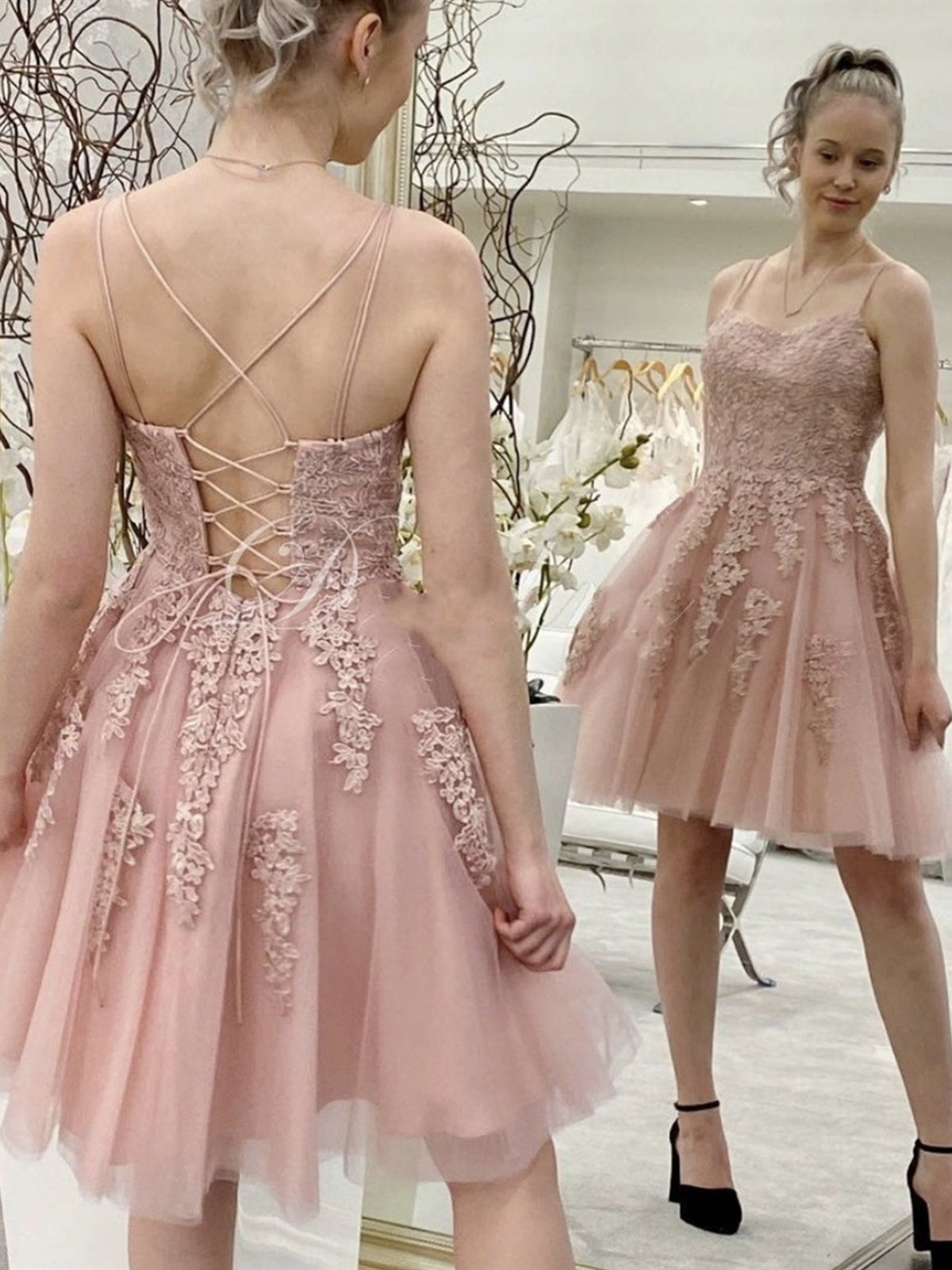 Short A-line Strapless Spaghetti Straps Tulle Lace Backless Formal Prom Homecoming Dresses - VelvetHem