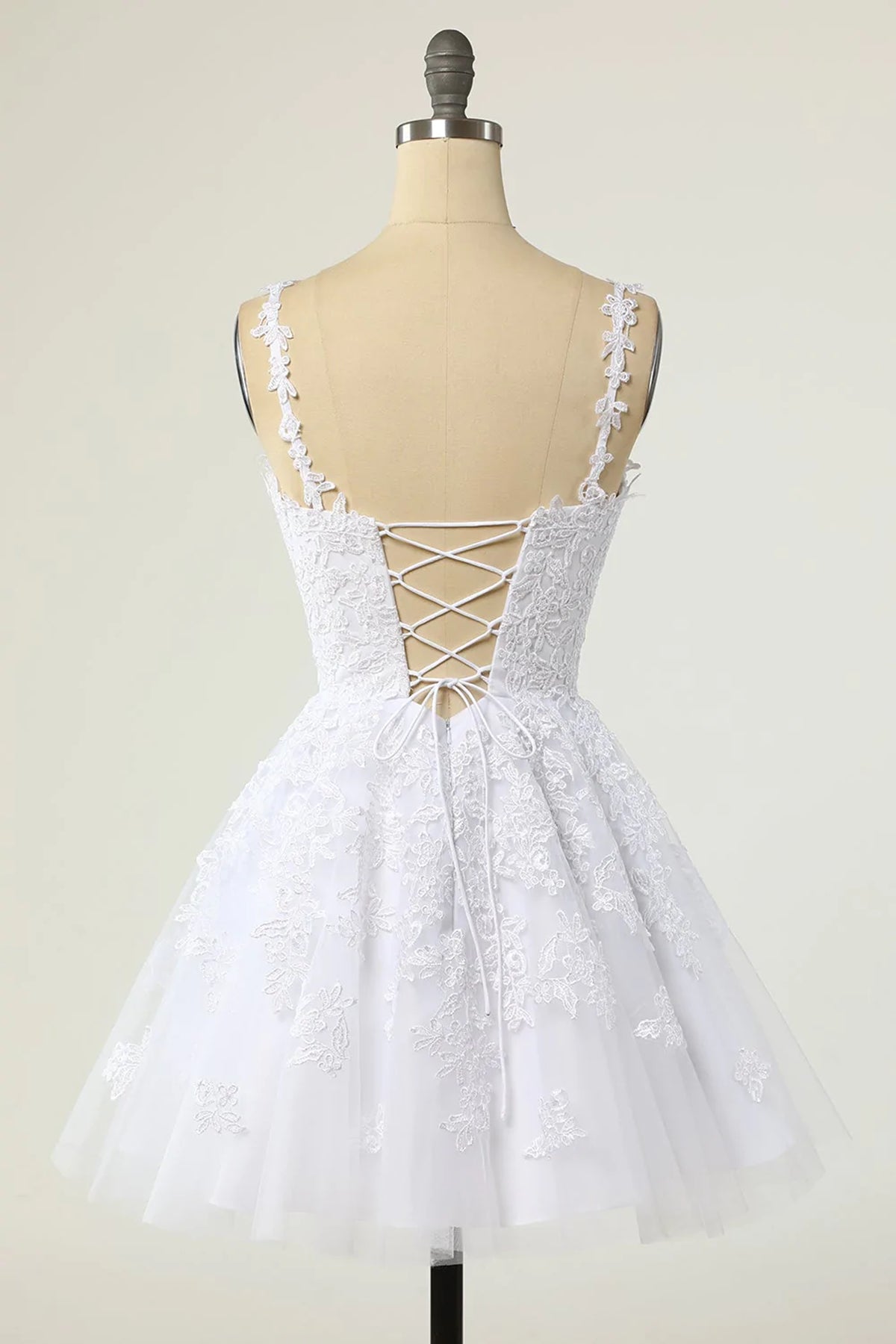 Short A-line V-neck Tulle Lace Backless Prom Dress white Homecoming Dresses - View 2 | VelvetHem
