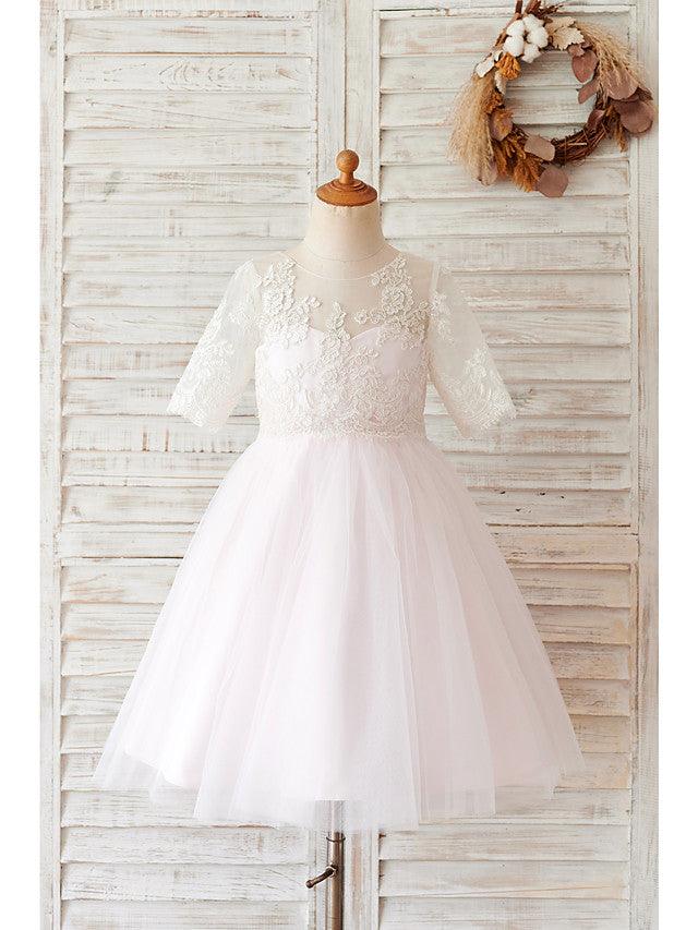 Short Ball Gown Lace Tulle Half Sleeve Jewel Neck Wedding Birthday Flower Girl Dresses - VelvetHem
