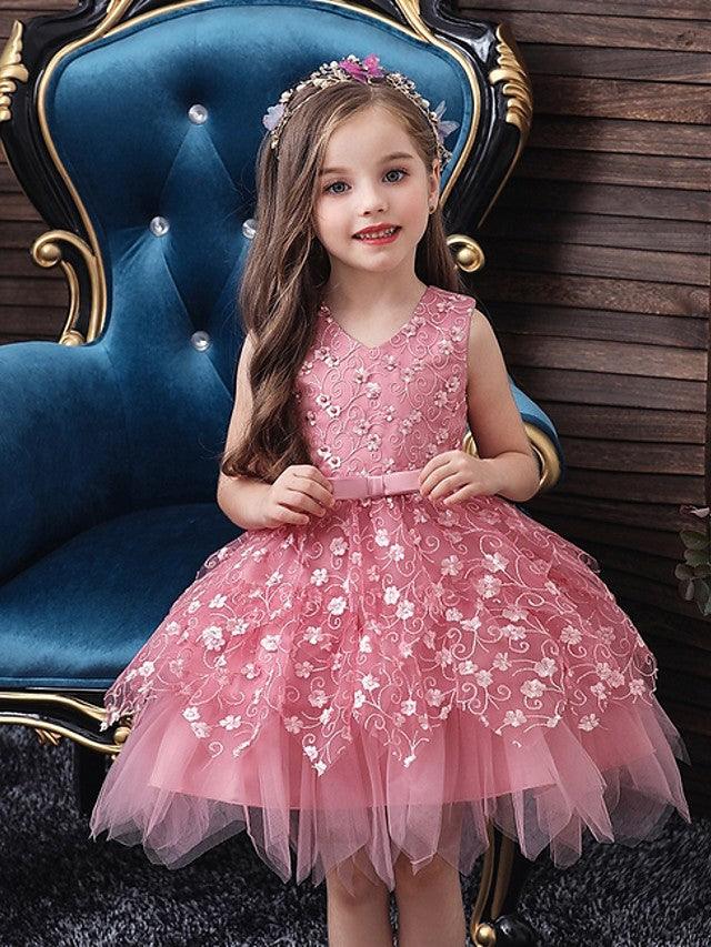 Short Ball Gown Tulle Sleeveless V Neck Wedding Party Flower Girl Dresses - View 2 | VelvetHem