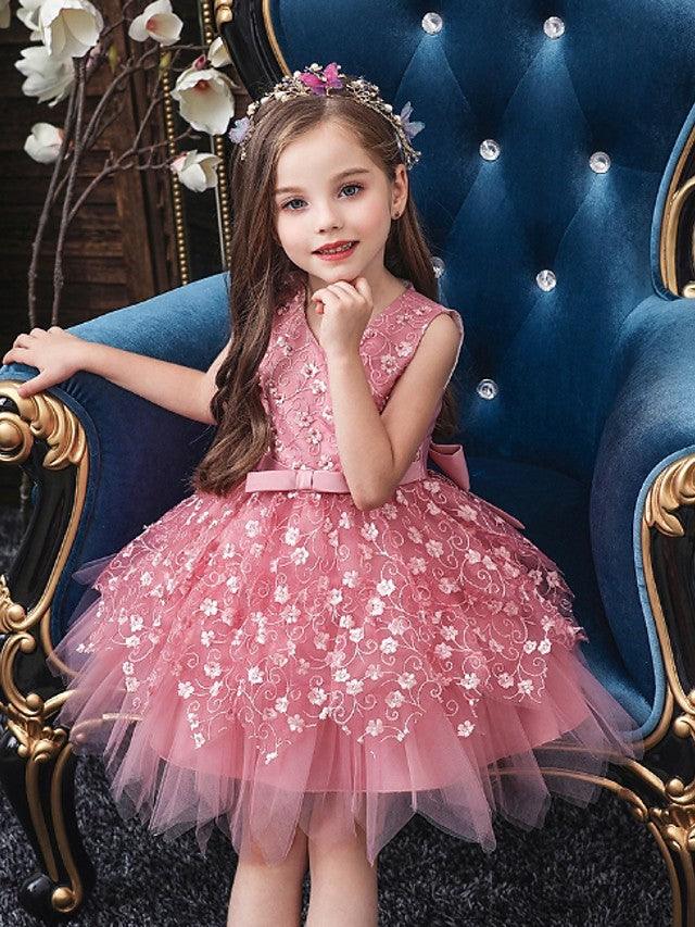 Short Ball Gown Tulle Sleeveless V Neck Wedding Party Flower Girl Dresses - View 3 | VelvetHem