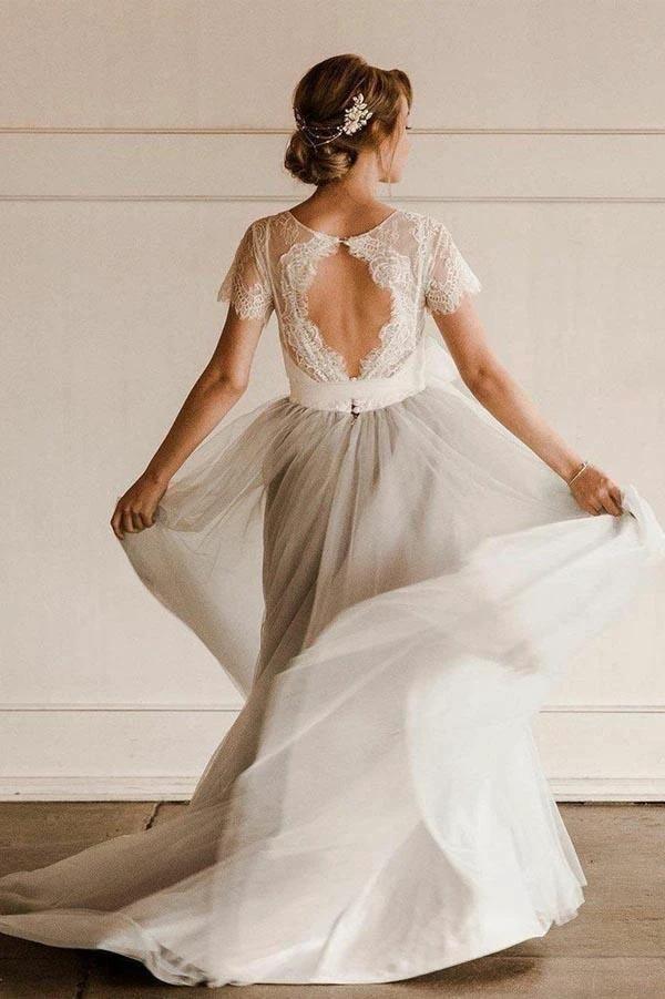 Short Sleeve Lace and Tulle Silver  Wedding Dresses with Sash (ZD15349)