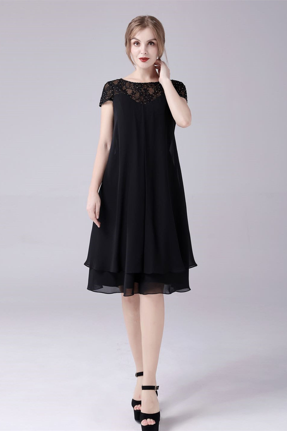 Short sleeves A-Line knee-length jewel lace mother's dress