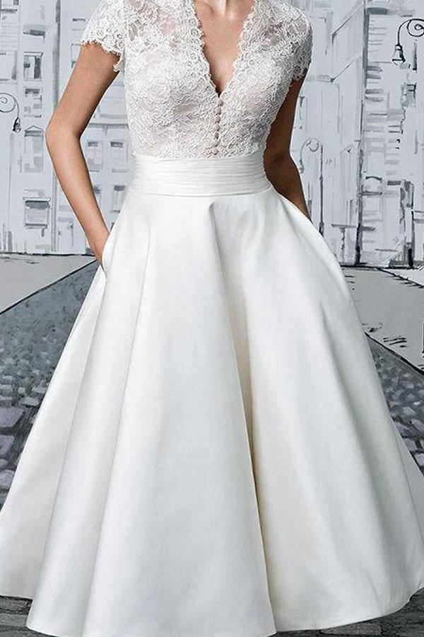 Short Wedding Dresses V-neck Lace Tea-length Ivory Simple Bridal Gown (ZD16280)