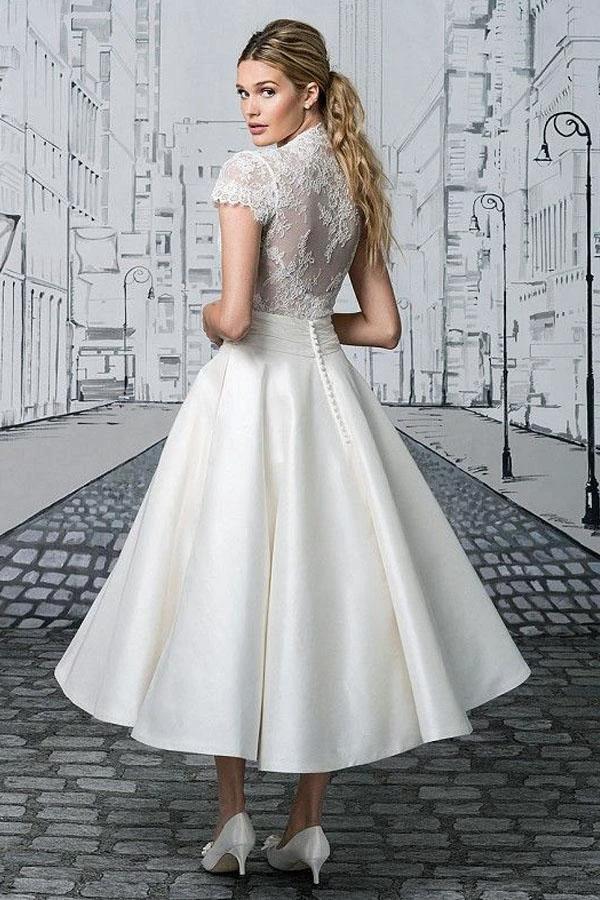Short Wedding Dresses V-neck Lace Tea-length Ivory Simple Bridal Gown (ZD16280)