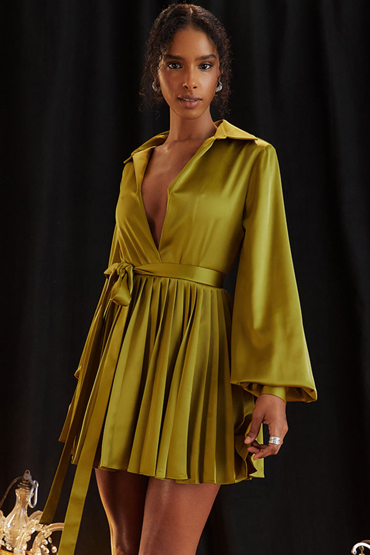 Silky Satin Collared V Neck Bishop Sleeve Pleated Shirt Mini Dress - Grass Green