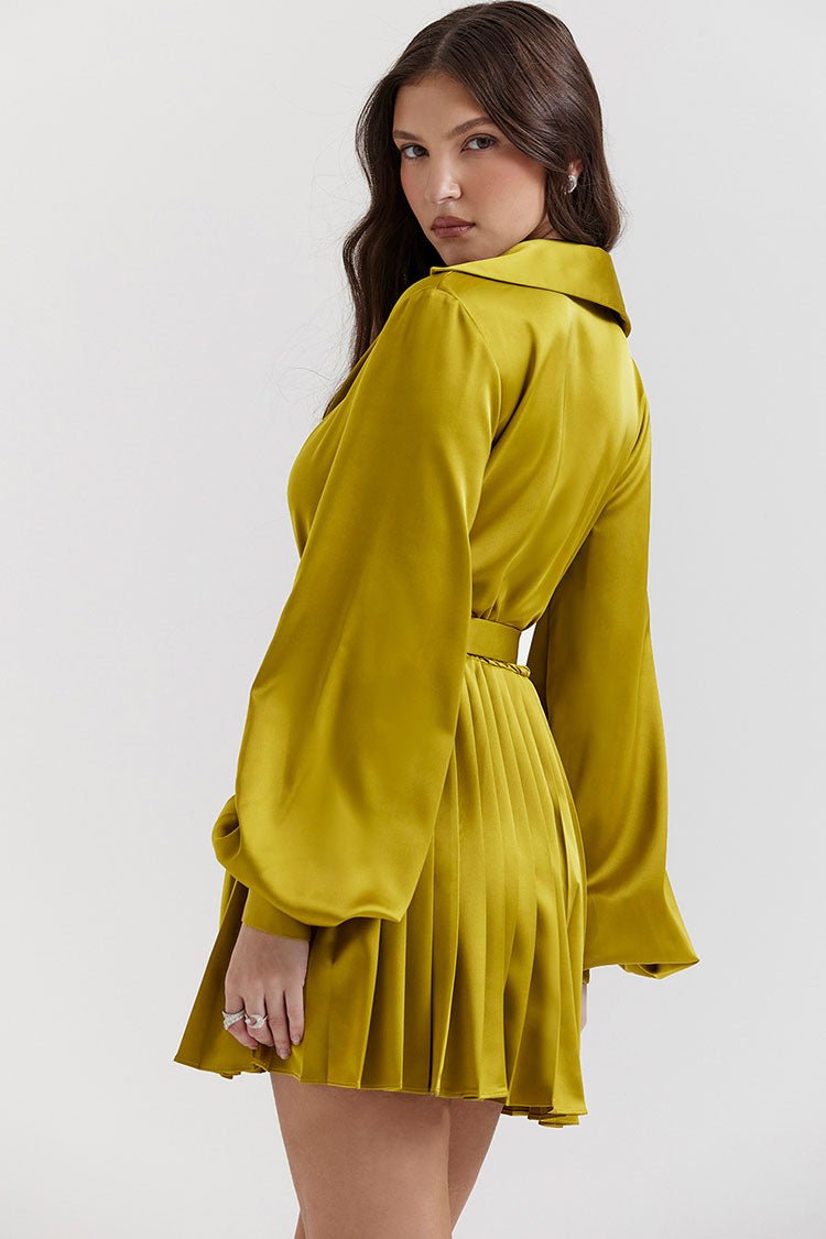 Silky Satin Collared V Neck Bishop Sleeve Pleated Shirt Mini Dress - Grass Green