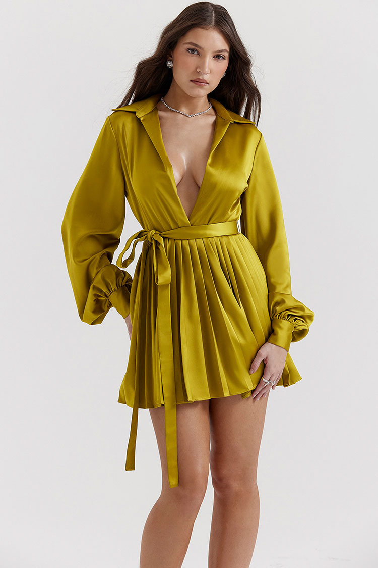 Silky Satin Collared V Neck Bishop Sleeve Pleated Shirt Mini Dress - Grass Green