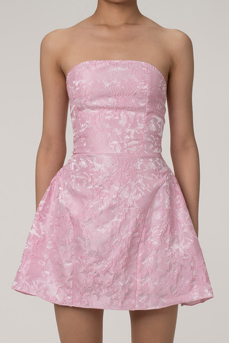 Silky Satin Floral Jacquard Strapless Laced Back Bow Trim Party Mini Dress - Fashionpara