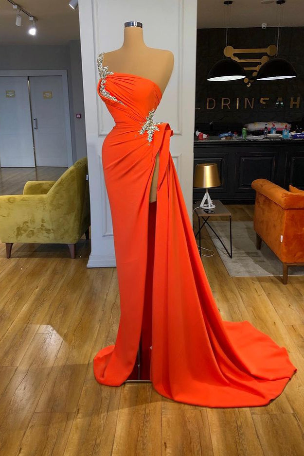 Silver Sequined One-Shoulder Orange High-split Prom Dress
