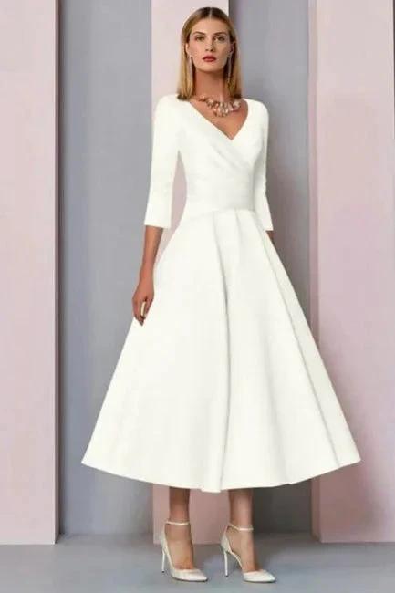 Simple A-line Short V-Neck Long Sleeves Satin Wedding Dresses (ZD14601)
