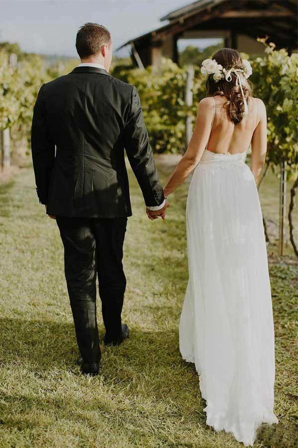 Simple A-line Spaghetti Straps Beach Chiffon Wedding Dresses with Lace (ZD15391)