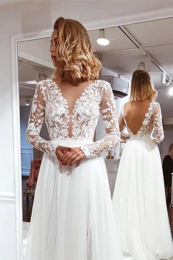 Simple A Line V Neck Ivory Lace Long Sleeves Split Wedding Dresses (ZD15295)