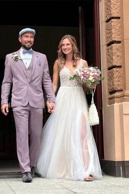 Simple Boho A-line V-neck Backless Sleeveless Wedding Dresses With Lace (ZD14920)
