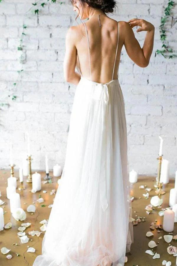 Simple Deep V-neck Sweep Train Ivory Wedding Dresses With Straps (ZD16273)