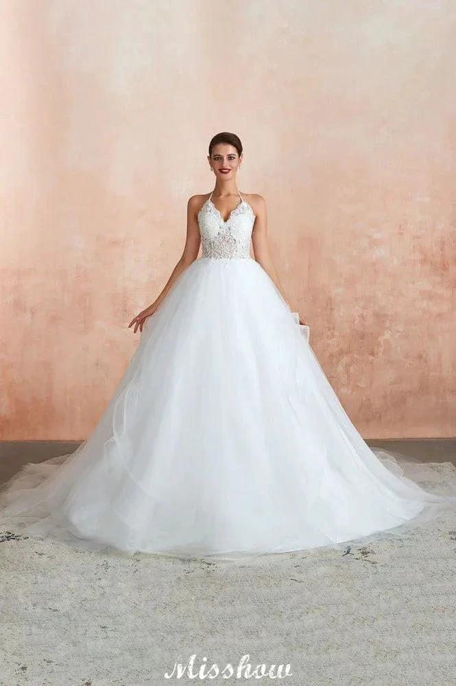 Simple Halter Ball Gown Open Back Lace Bridal Gown with Chapel Train (ZD13895)