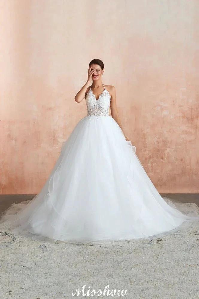 Simple Halter Ball Gown Open Back Lace Bridal Gown with Chapel Train (ZD13895)