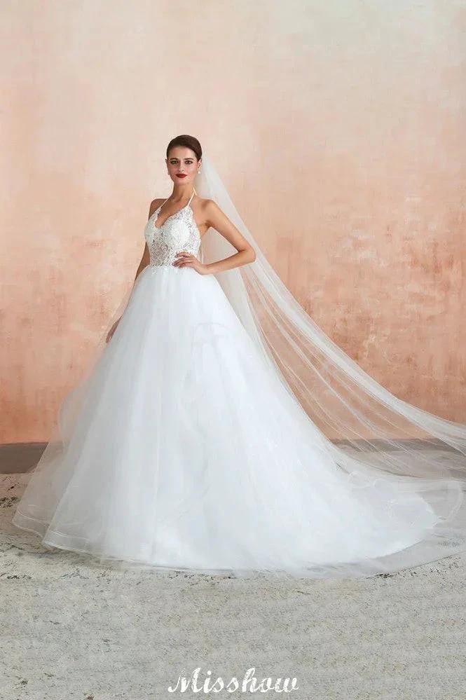 Simple Halter Ball Gown Open Back Lace Bridal Gown with Chapel Train (ZD13895)