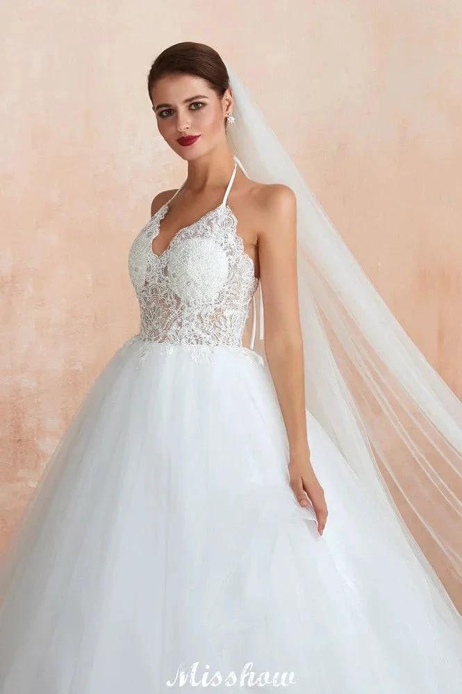 Simple Halter Ball Gown Open Back Lace Bridal Gown with Chapel Train (ZD13895)