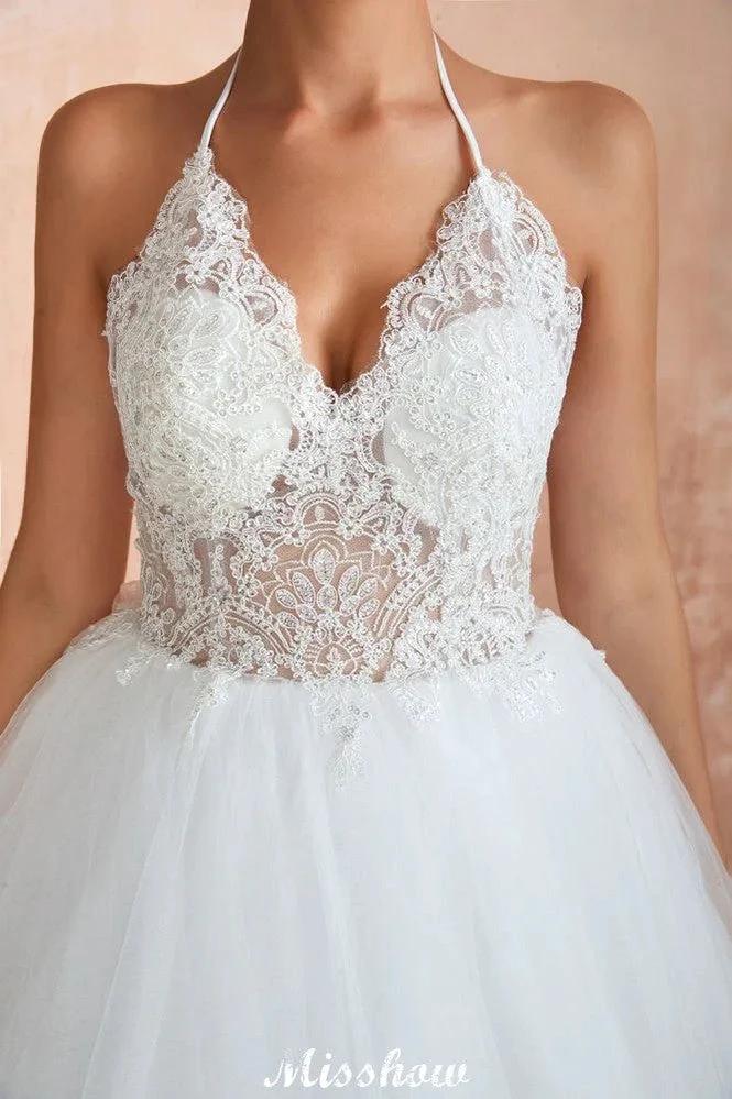 Simple Halter Ball Gown Open Back Lace Bridal Gown with Chapel Train (ZD13895)