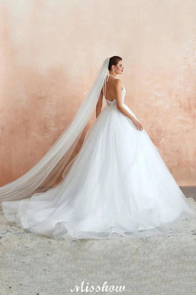 Simple Halter Ball Gown Open Back Lace Bridal Gown with Chapel Train (ZD13895)
