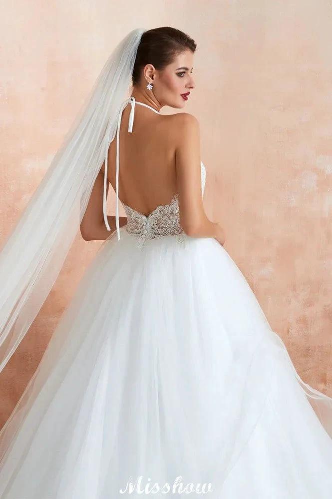 Simple Halter Ball Gown Open Back Lace Bridal Gown with Chapel Train (ZD13895)