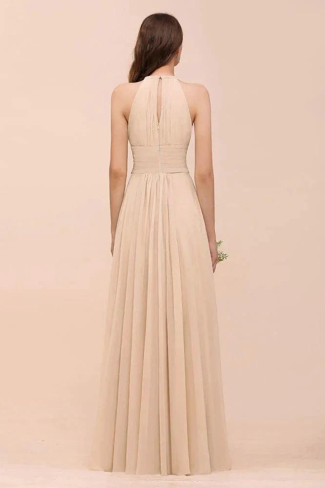 Simple Halter Champagne Slim Long Bridesmaid Dress (ZD13023)