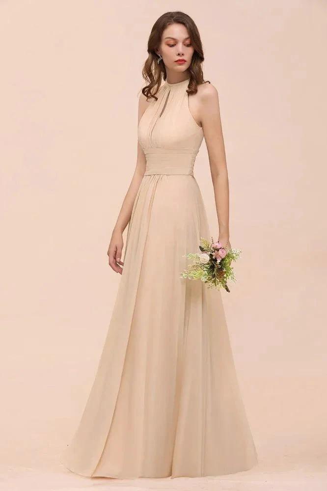 Simple Halter Champagne Slim Long Bridesmaid Dress (ZD13023)