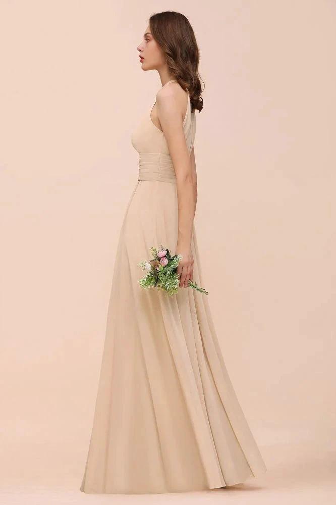 Simple Halter Champagne Slim Long Bridesmaid Dress (ZD13023)